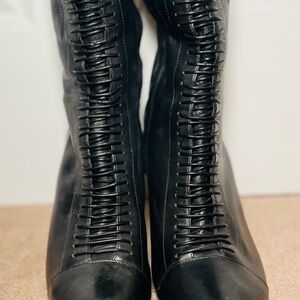 Maria Sharapova By Cole Haan Black Leather Knee High Stiletto Boots lace up
